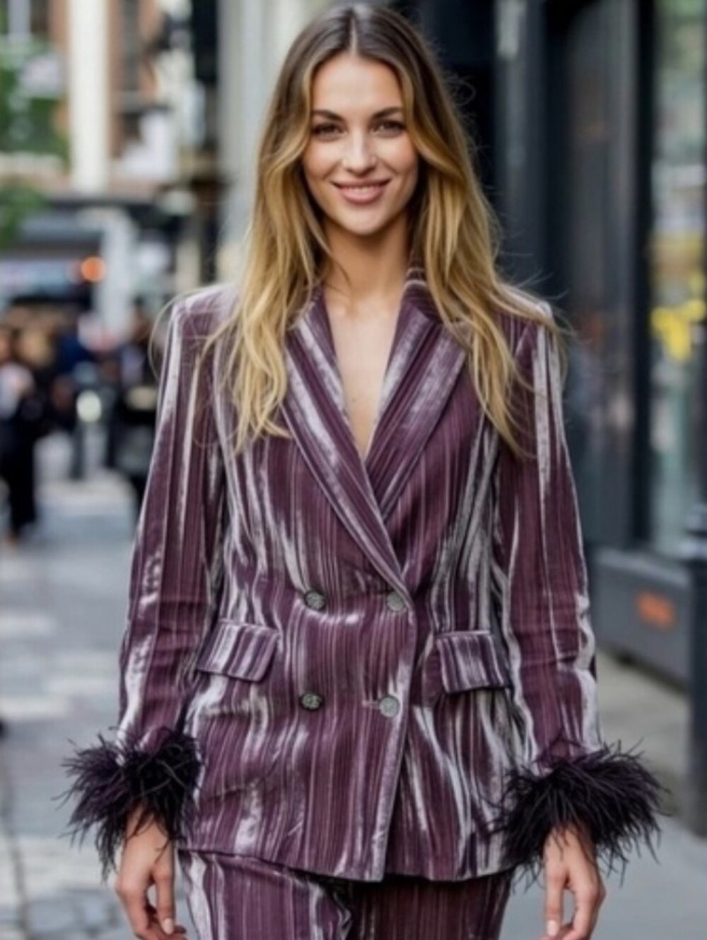 Zara Crushed Velvet Double Breasted Blazer With Feather Cuffs Mauve Size L NWOT